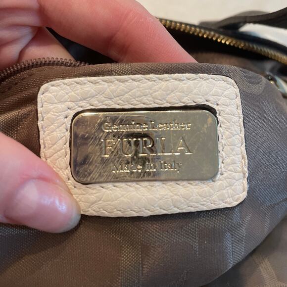 FURLA Women's Embossed Croc Leather Top Handle Satchel Bag Black/White Large - Picture 9 of 10